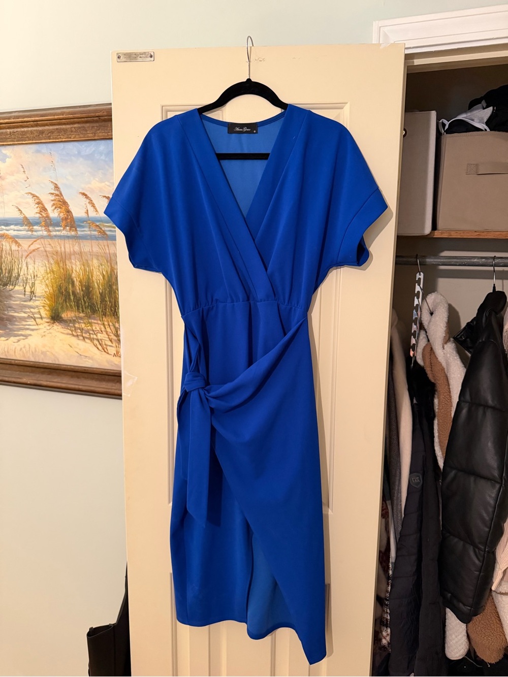 Anna Grace Royal Blue Wrap Midi Dress with Side Tie